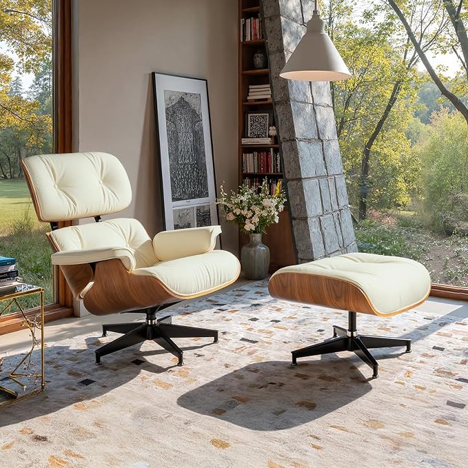 Mid Century Lounge Chair with Ottoman,Top Ivory Grain Leather Accent Chair,Chaise Lounge Chair Indoor,Modern Chair Classic Design,Heavy Duty Base Support for Living Room Office Palisander Ivory