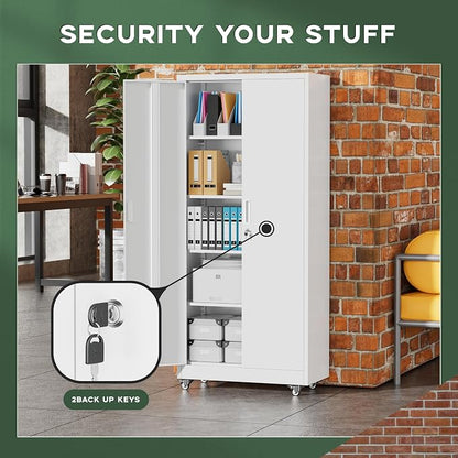 Greenvelly 73" Metal Storage Cabinet with Wheel, Lockable White Metal Garage Cabinets with 2 Doors and 4 Adjustable Shelves, Rolling Steel Tool Cabinet for Garage, Home Office, School
