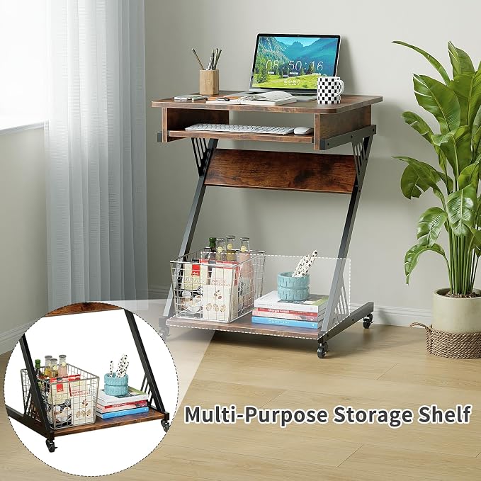 ALISENED Computer Desk for Small Spaces, 23.6" Z-Shaped Compact Study Table with Smooth Keyboard Tray with Wheels and Bottom Shelves for Home Office, Computer Cart Mobile Laptop Cart, Rustic Brown