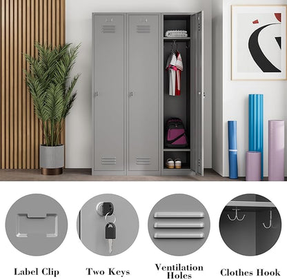 Metal Lockers for Employees,71" Steel Storage Cabinet with 1 Door Lockable for Home,Gym,School,Office,Garage-Assembly Required/Gray