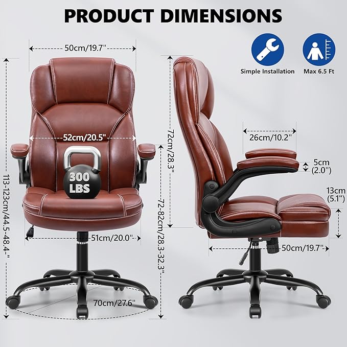 PU Leather Office Chair, Ergonomic High-Back Desk Computer & Gaming Chair with Adjustable Height, Rolling Swivel & Flip-Up Armrests, Comfy Padded Seat for Home Office-Brown