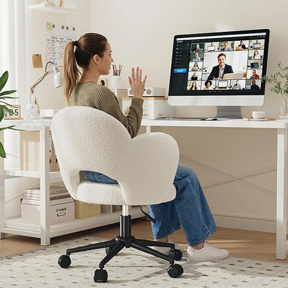 Homkdom Petal Vanity Chair with Wheels, 3.94" Thick Comfy Desk Chair, Swivel Armless Chair with Open Back and Adjustable Height, Ideal for Makeup Study Work and Relaxation, White