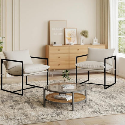 Kromax Sling Accent Chair, Set of 2, Cozy Living Room Chairs, Square Metal Frame, Upholstered Soft Cushion, Sponge, 28" x28“x32, Easy Assembly, Beige