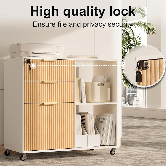 INNOD 3 Drawer Fluted Mobile Filing Cabinet with Lock, Lateral Rolling Under Desk File Cabinet, Wooden Printer Stand Table for Home Office Essentials Storage Organization Furniture Letters/A4(Oak)