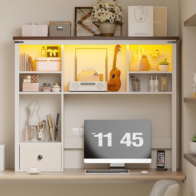 EnHomee 38" Wooden Desk Shelf for Top of Desk with LED Lights, Adjustable Desk Hutch Dorm with Drawer & 8 Shelves, Desktop Bookshelf for Dorm, Home, Office,White