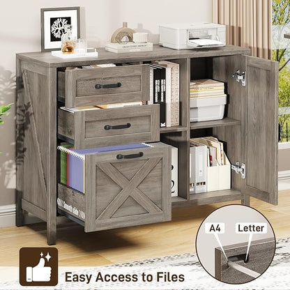Vabches Lateral File Cabinet, Farmhouse 3 Drawer File Cabinet with Open Storage Shelf for Letter/A4/Legal Size Hanging Files, Large Wood Storage Cabinets Printer Stand for Home Office, Grey