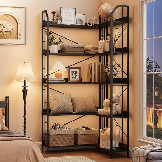 GarveeHome Corner Bookshelf 72" L Shaped Bookcase, Corner Bookshelves Industrial Bookcase 5 Tier L-Shape Bookshelf, Large Bookcases with Beaded Design Tall Display Rack Shelf for Living Room Bedroom
