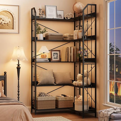 GarveeHome Corner Bookshelf 72" L Shaped Bookcase, Corner Bookshelves Industrial Bookcase 5 Tier L-Shape Bookshelf, Large Bookcases with Beaded Design Tall Display Rack Shelf for Living Room Bedroom
