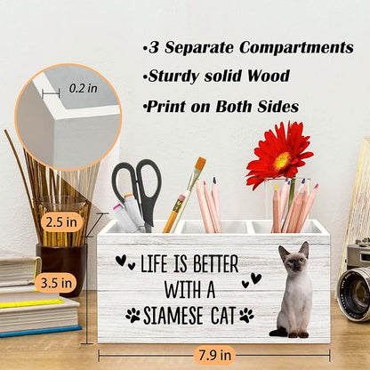 Siamese Cat Gifts Pen Holder for Desk, Gifts for SiameseCat Lovers Owners Pencil Organizer, Life is Better with A Siamese Cat Wood Pen Holder Desk Accessories Decor for Home Office