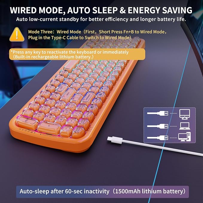 FOPETT Wireless Computer Keyboard with RGB Backlit, Tri-Mode Bluetooth 5.0/USB-C/2.4GHz Gaming Keyboard, Full Size Layout, Ergonomic Curved Design for Windows Mac PC Gamers & Office-Orange