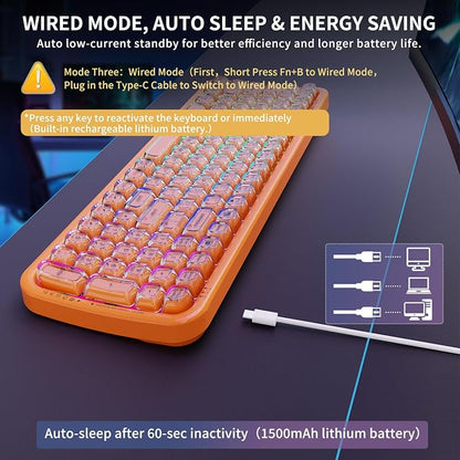 FOPETT Wireless Computer Keyboard with RGB Backlit, Tri-Mode Bluetooth 5.0/USB-C/2.4GHz Gaming Keyboard, Full Size Layout, Ergonomic Curved Design for Windows Mac PC Gamers & Office-Orange