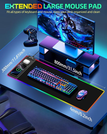 ExtreLife Wireless Charging Mouse Pad, RGB Gaming Mousepad, 31.5"x11.8" Extra Large Desk Mat, 13 Light Modes, Ultra-Smooth Surface, Non-Slip Base, Waterproof Computer Keyboard Pad for Laptop, Black