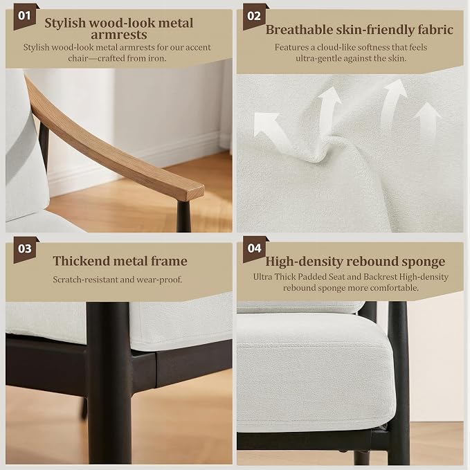 RNKSFX Modern Accent Chairs Set of 2 for Living Room Bedroom Mid Century Arm Chairs Upholstered Office Accent Chairs Comfy Waiting Room Chairs with Metal Frame, Cream White