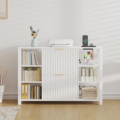 Filing Cabinet for Home Office, Fluted Wood File Cabinet with 2 Drawers Fit Letter/Legal/A4 Folders with Tabs, 43.3" W Printer Stand with Lock & 2 Power Outlets, 6 Storage Shelves (1, White)