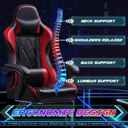 Shahoo Gaming Chair with Footrest and Massage Lumbar Support, Computer Game Chairs Ergonomic Office Seat Height Adjustable with Headrest, Red