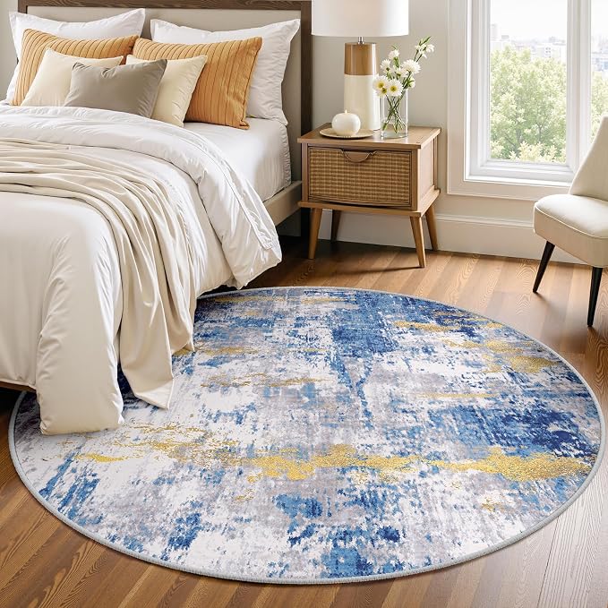 RELEANY Washable Area Rugs 4ft Non-Slip Modern Abstract Soft for Living Room Entryway Bedroom Kitchen, Print Pattern, Grey Blue Gold/Golden