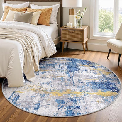 RELEANY Washable Area Rugs 4ft Non-Slip Modern Abstract Soft for Living Room Entryway Bedroom Kitchen, Print Pattern, Grey Blue Gold/Golden