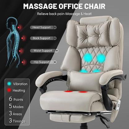 Massage Office Chair with Foot Rest,6 Points Vibration & Heat Executive Office Chairs for Heavy People,500LBS Big and Tall Office Chair,Ergonomic Reclining Desk Chair,Dual-Use Pillow,Home Office,Beige