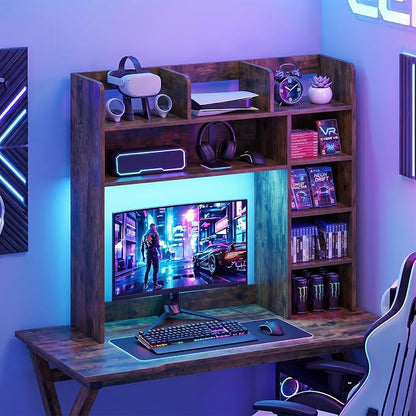 Tangkula Desktop Bookshelf with LED Lights, Desk Hutch with 8 Shelves for Max 25" Monitor, Desktop 5-Tier Display Rack, Multipurpose Wood Desktop Storage Hutch Organizer for Dorm Office Home
