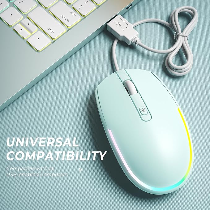 seenda Wired Mouse - USB Computer Mice Wired with RGB Backlit Optical LED Mouse with Attached USB Cord for Laptops Notebooks Chromebook - Mint Green