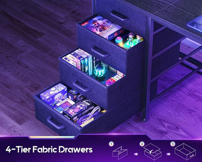 AODK L Shaped Gaming Desk with 4 Drawers, 59" Reversible Computer Desk with Hutch and Shelves, Gamer Desk with LED Lights, Power Outlets, Home Office Corner Desk with Gird Pegboard, Black