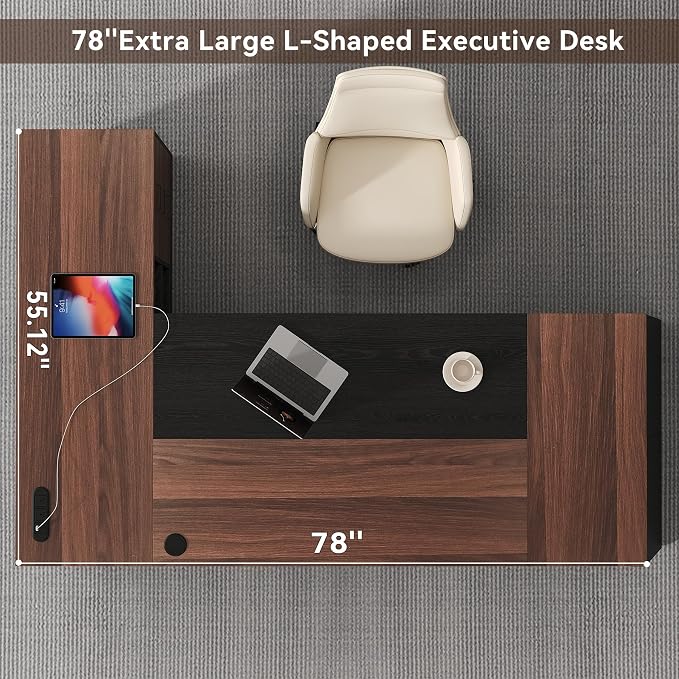 Epecoya L-Shaped Executive Desk with Drawer, 78-Inch Large Home Office Desk with Cord Hold and Power Outlet, Modern Computer Table with Lateral File Cabinet,Open Shelf and PC Stand, Walnut Brown Black