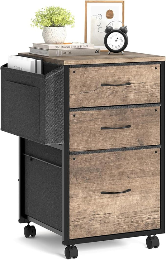 VINGLI 3 Drawer File Cabinet with Side Bag, Rolling File Cabinet Mobile Under Desk File Cabinet with Wheels, Fabric Drawers Printer Stand for Home Office, Fits Letter Size, Rustic Gray