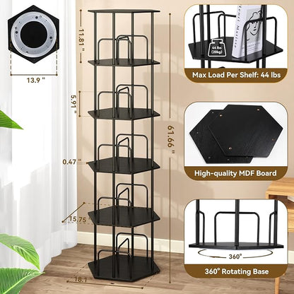 SUNMORY 5 Tier Rotating Bookshelf Tower, Revolving 360 ° Spinning Bookcase, Hexagonal Corner Book Shelf Storage Carousel, Vertical Rotate Turning Organizer Book Shelves for Living Room Office Bedroom