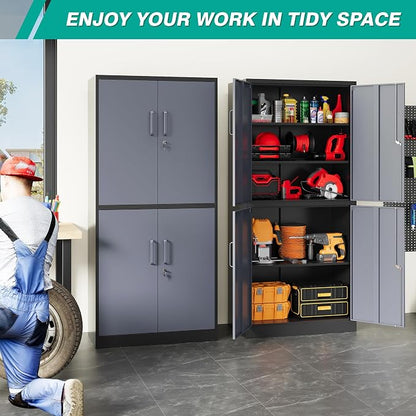 SISESOL Metal Storage Cabinets with Doors and Shelves,71" Metal Garage Storage Cabinet with Lock,Gray Steel Cabinet with Locking Doors,4 Door Lockable Cabinets for Garage,Home,Office
