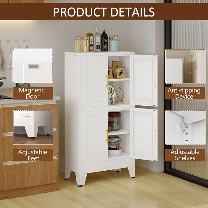 pozdeg Metal Storage Cabinet, 47.2" H Pantry Kitchen Storage Cabinets with 4 Doors and 2 Adjustable Shelves, Versatile Buffet Sideboards Cupboard for Home Office Garage or Gym (White)
