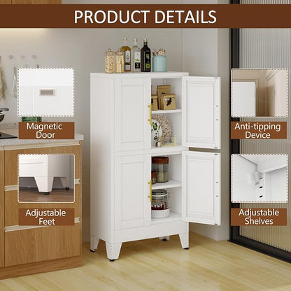 pozdeg Metal Storage Cabinet, 47.2" H Pantry Kitchen Storage Cabinets with 4 Doors and 2 Adjustable Shelves, Versatile Buffet Sideboards Cupboard for Home Office Garage or Gym (White)