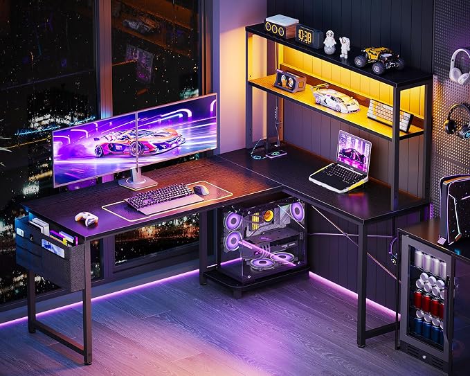 ODK 53 Inch L Shaped Gaming Desk with LED Lighting, Reversible Desk with Power Outlets, Cornor Computer Table with Storage Shelves & Bag & Iron Hook, Home Office Table for Writing, Study, Black