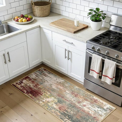 RELEANY Washable Area Rugs 2'x5' Non-Slip Modern Abstract Soft for Living Room Entryway Bedroom Kitchen, Print Pattern, Brown Rust Red Green Blue Multi