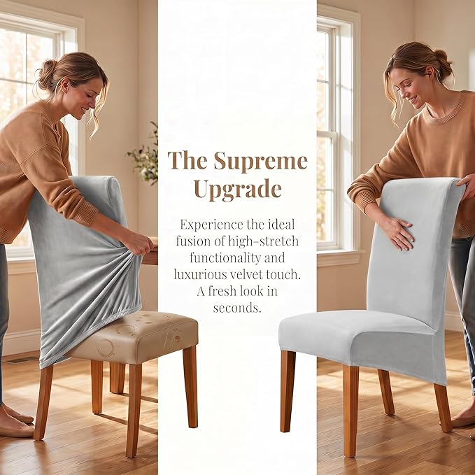 Deisy Dee Stretch XL/Oversized Extra Large Velvet Dining Room Chair Covers for Kitchen Dining，Removable Washable Chair Protectors Slipcovers (Sliver, 2)