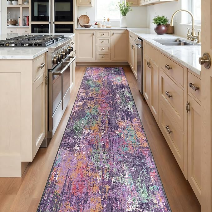 RELEANY Washable Area Rugs 2'x10' Non-Slip Modern Abstract Soft for Living Room Entryway Bedroom Kitchen, Print Pattern, Purple Orange Blue Green Rust Red Colorful