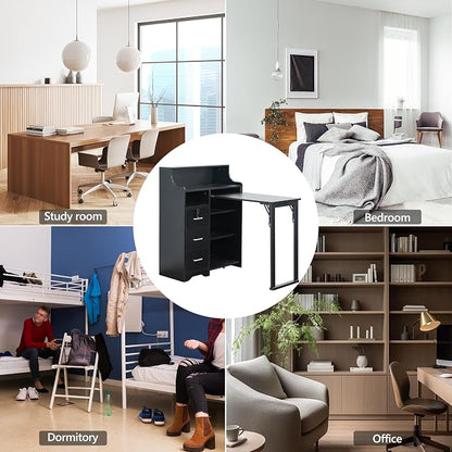Fold Out Desk,Folding Desk with Storage,Lockable Drawers & Shelves, Built-in Power Outlet,Hidden Desk for Study and Home Office