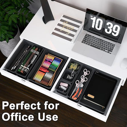 QUELIEN Desk Drawer Organizer Tray Set, 8PCS Plastic Drawer Organizer Bins for Office, Makeup, Kitchen - Gray Blue Desk Organizer with Flexible Interlocking Design for Efficient (Gray Blue, 8PCS)