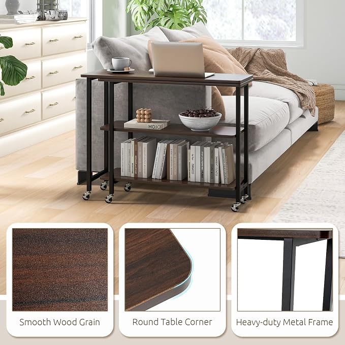 Tangkula 360° Rotating Sofa Side Table, Patented Mobile End Table with 2-Tier Storage Shelves, Swivel Rolling Desk with 6 Lockable Wheels, Metal Frame, Movable Laptop Table Couch Snack Table for Home