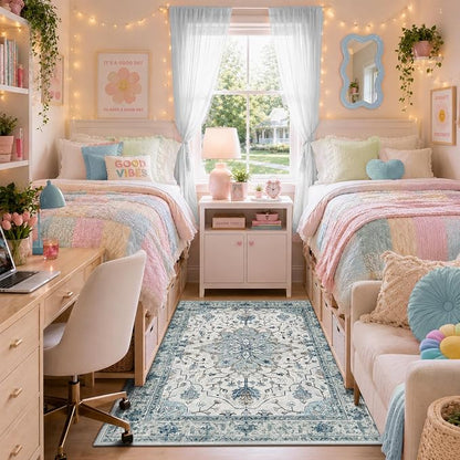 RELEANY Area Rugs 4'x6' Washable Non-Slip, Floral Vintage Distress Medallion Carpet for Living Room Bedroom Dining Room, Light Blue Navy Gray White