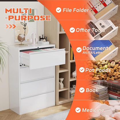 INTERGREAT 4 Drawer File Cabinet, Metal Lateral Filing Cabinet for Home Office, Locking Horizontal File Cabinets for Hanging Files Letter/Legal/F4/A4 (White)