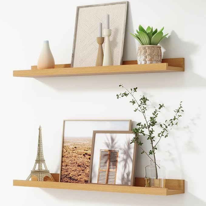 FLYJOE Picture Ledge Shelf, Floating Shelves Set of 2, 30 Inches Nursery Book Shelves for Toys Storage, Kids Bookshelf Wall Mounted for Living Room Bedroom Decor Books Photo Frames, Natural Oak