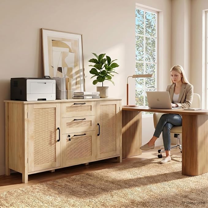 HOPUBUY 3 Drawer and 2 Doors File Cabinet with Lock, Printer Stand Lateral Filing Cabinets for Home Office and School, Wood Rattan File Cabinet for Hanging Files/Letter/Legal/A4/F4 Size, Natural Wood