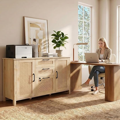 HOPUBUY 3 Drawer and 2 Doors File Cabinet with Lock, Printer Stand Lateral Filing Cabinets for Home Office and School, Wood Rattan File Cabinet for Hanging Files/Letter/Legal/A4/F4 Size, Natural Wood