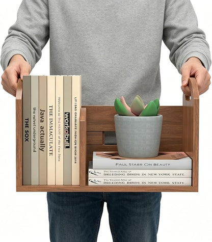 Wood Desktop Bookshelf, Upright Tabletop Book Shelf With Adjustable Divider Secure Books in Place, Desk Shelf for Top of Desk in Living Room Home Office, Perfect for Books Magazine File (Walnut Brown)