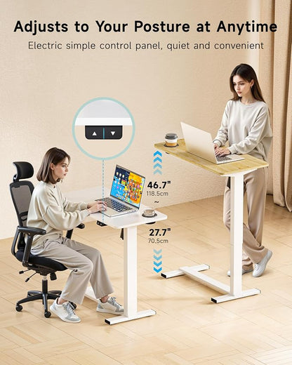 BIZUM Small Electric Standing Desk Bedside Table with Hidden Wheels 31.5 x 15.8 Inch Adjustable Computer Laptop Office Desk, White