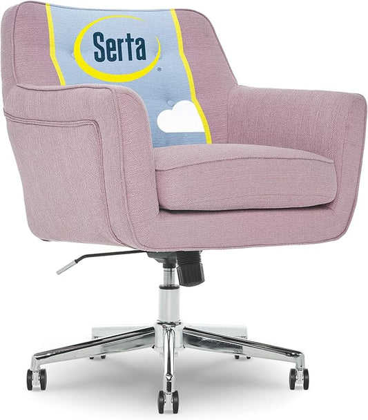 Serta Ashland Home Office Desk Chair with Button Tufted Mid-Back, Memory Foam Cushion and Padded Arms, Mid Century Modern Vanity Armchair with Wheels for Bedroom, Chrome Metal Base, Lilac