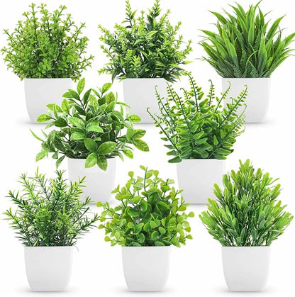 Der Rose 8 Pack Small Fake Plants in White Pots, Bathroom Home Decor Indoor | Realistic artificial plants, no-care potted plant accents, for shelf desk bathroom office bedroom kitchen and farmhouse decor
