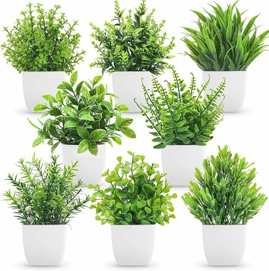 Der Rose 8 Pack Small Fake Plants in White Pots, Bathroom Home Decor Indoor | Realistic artificial plants, no-care potted plant accents, for shelf desk bathroom office bedroom kitchen and farmhouse decor