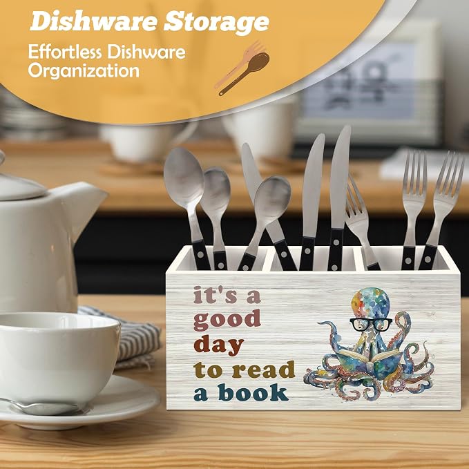 Book Lovers Gifts Octopus Pen Holder Organizer for Desk Accessories, It's a Good Day to Read a Book Wooden Box Sign Desk Decorations for Kids Classroom Reading Room Corner Nook Decor