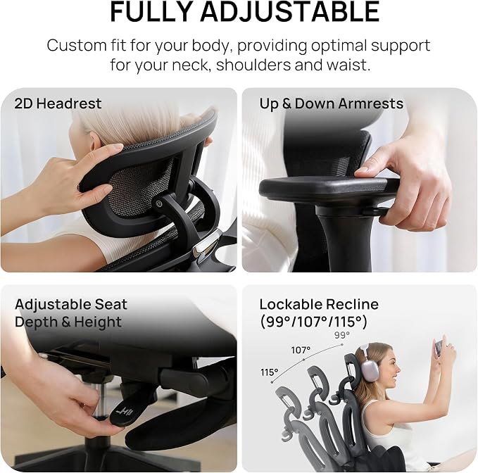 CabLady S1 High Back Ergonomic Mesh Office Chair with Footrest, 300 lbs | 115° Recline Lock, Adjust Seat Depth, 2D Arms, 3D Headrest, Detachable Lumbar Support, Breathable Mesh, BIFMA, Black